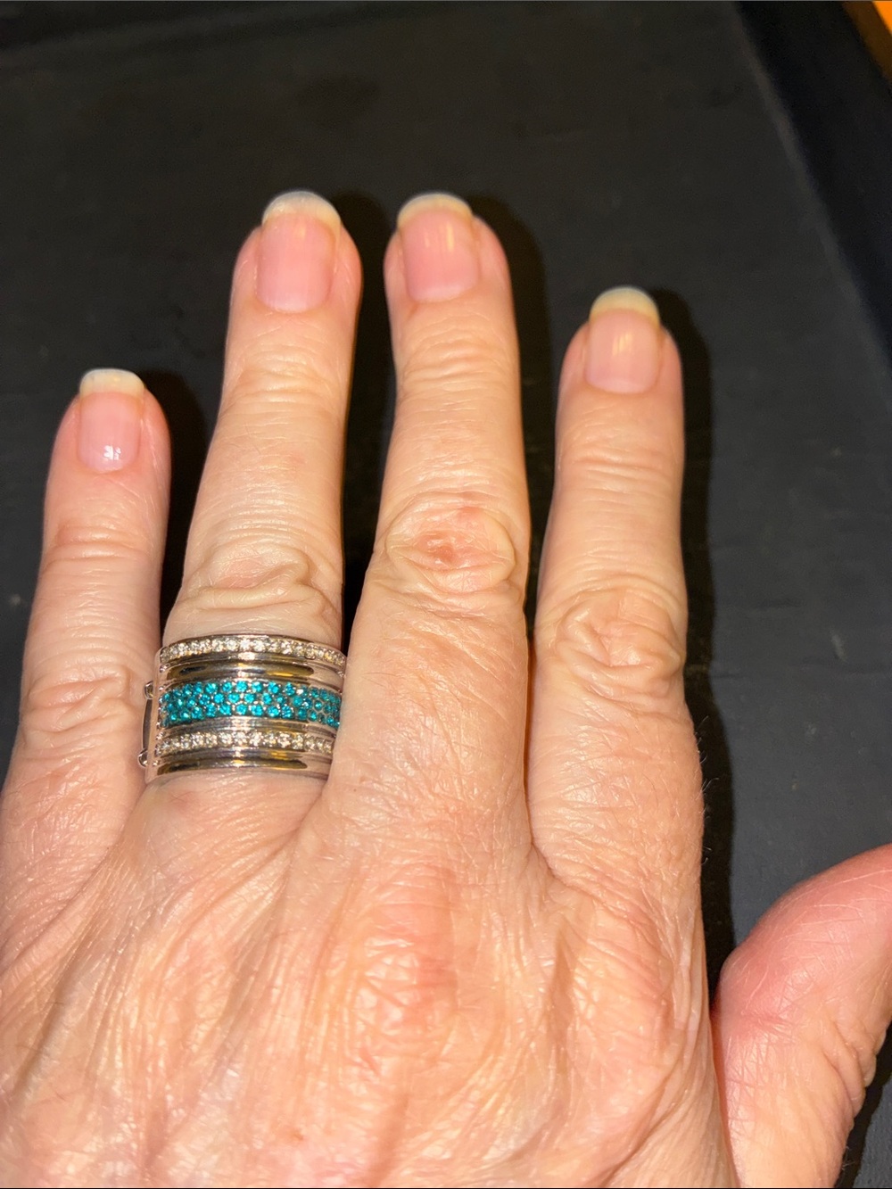 Silver Band Stretch Ring with Teal CZ Pavé Accent
